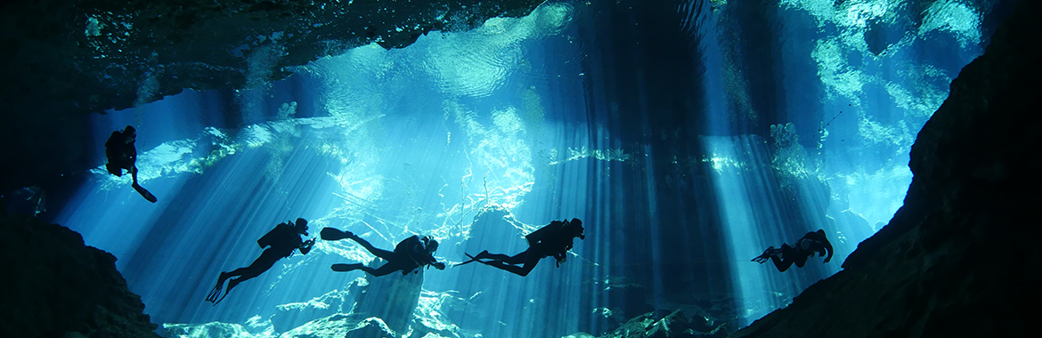 Five divers swim through a cavernous underwater space