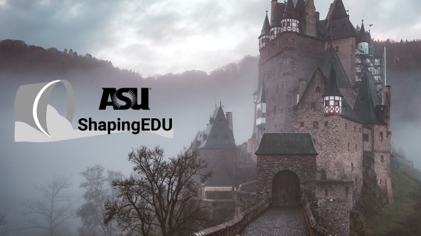 A remote castle surrounded by fog, with the ShapingEDU Logo next to it