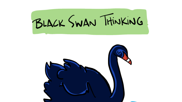 Drawing of a black swan with the text "Black Swan Thinking"