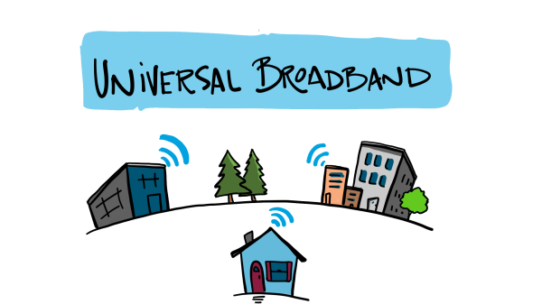 Drawing of three buildings with wifi symbols and the words "Universal Broadband"