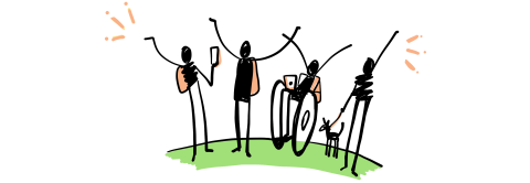 A sketch of people (drawn as stick figures) showing a diversity of abilities