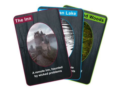 Three playing cards stacked on top of each other. The top one says "The Inn: a remote inn"