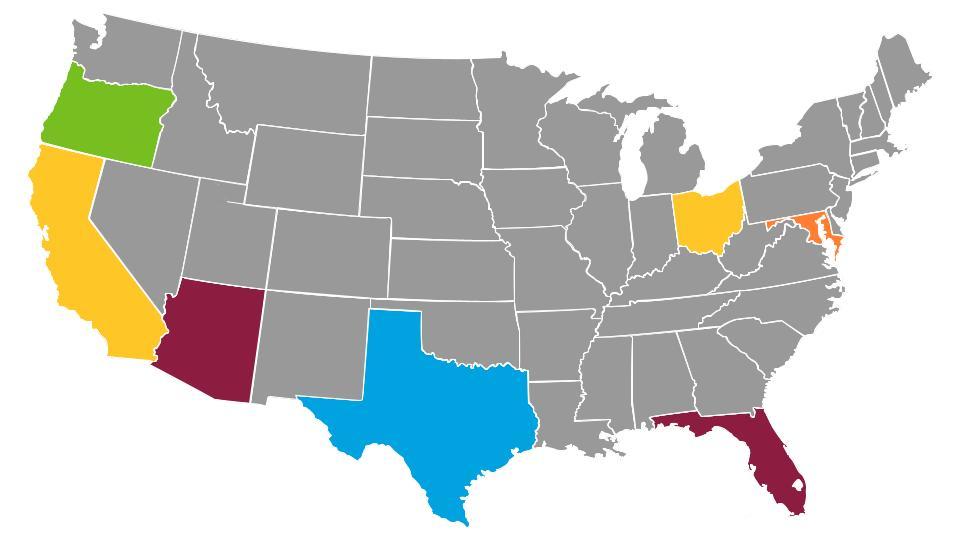 Map of the United States with some states highlighted: Oregon, California, Arizona, Texas, Ohio, Florida, Maryland