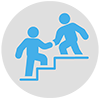 Icon showing a circle with two people; one person is helping the other climb a staircase.