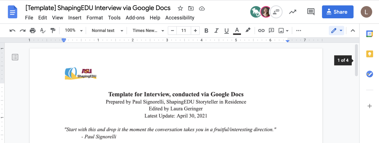 Screenshot of a google document file name "[Template] ShapingEDU Interview via Google Docs"