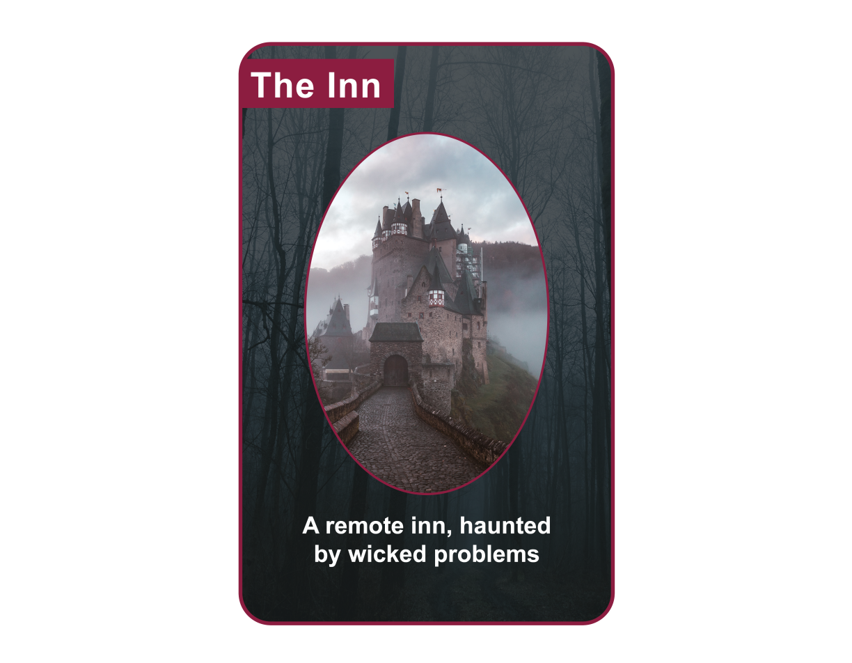 A playing card with the words "The Inn: A remote inn, haunted by wicked problems" and a castle