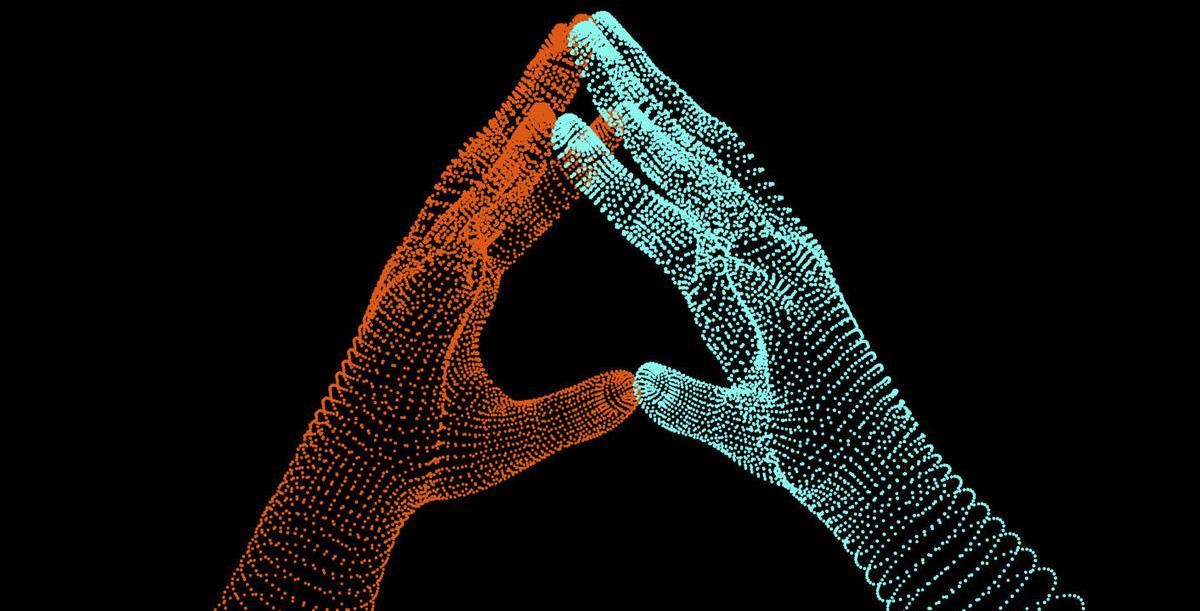 Two hands, made of dots, touching fingertips